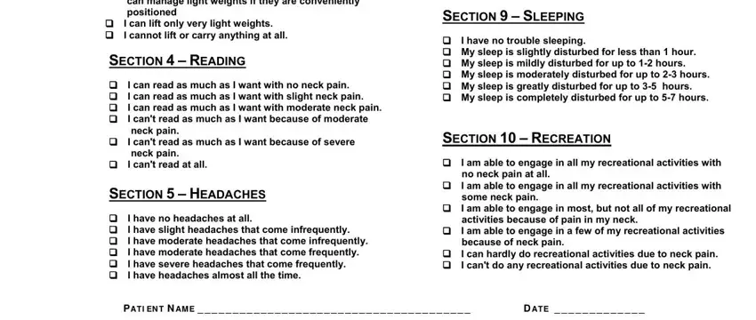 Filling out part 2 in neck index disability form printable