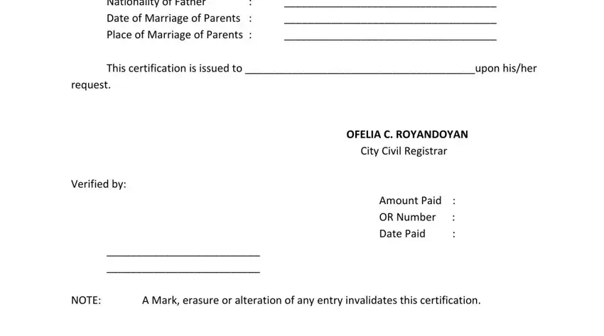 This certification is issued to, Amount Paid  OR Number  Date Paid, and City Civil Registrar in lcr birth certificate