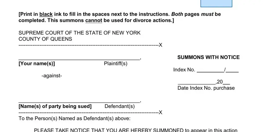 Filling out section 1 of summons with notice ny