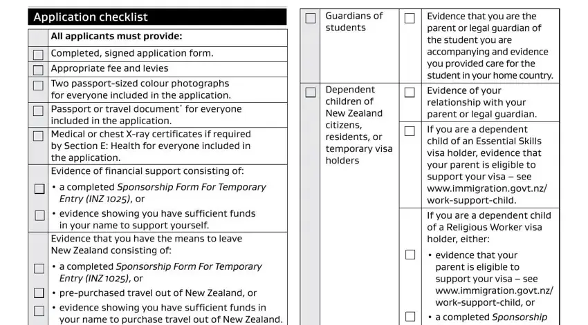 Completed signed application form, Application checklist, and All applicants must provide inside application nz visitor