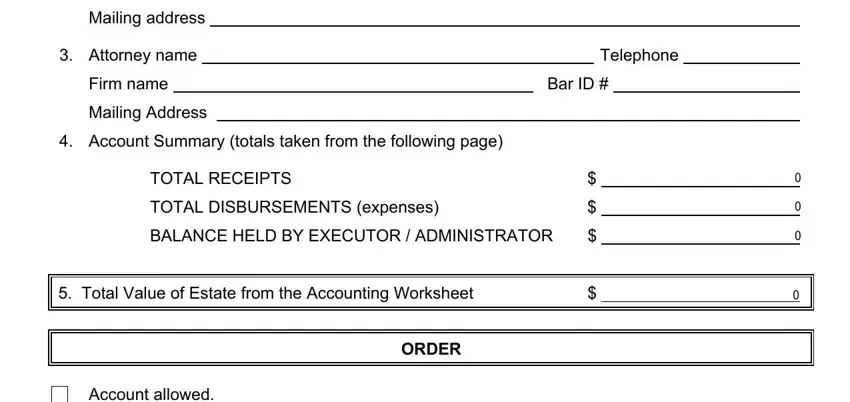 Account Summary totals taken from, Total Value of Estate from the, and BALANCE HELD BY EXECUTOR of cbp form 5955a petition