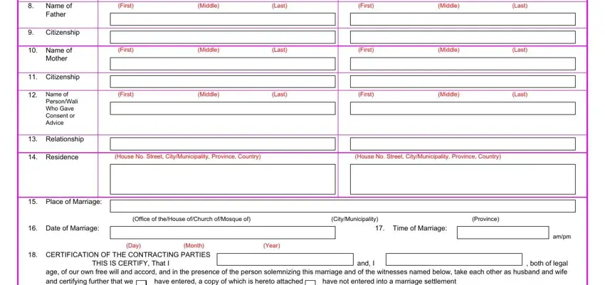 First Middle Last, House No Street CityMunicipality, and Relationship in marriage certificate form
