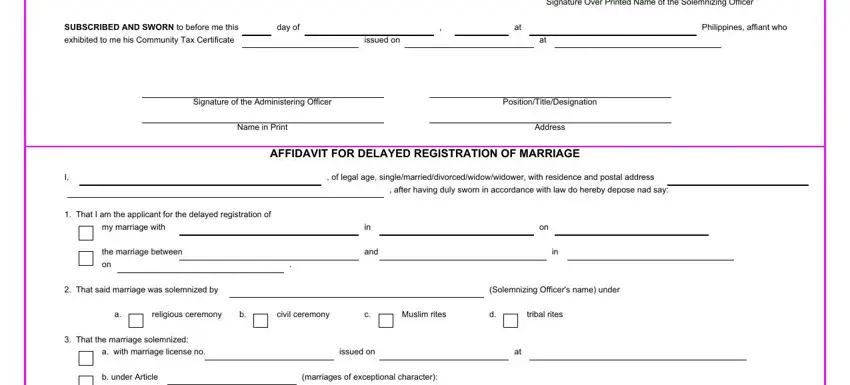 after having duly sworn in, Signature of the Administering, and PositionTitleDesignation in marriage certificate form