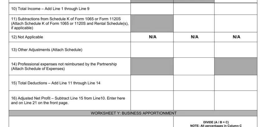 WORKSHEET Y BUSINESS APPORTIONMENT, Professional expenses not, and NOTE All percentages in Column C in Form Np100