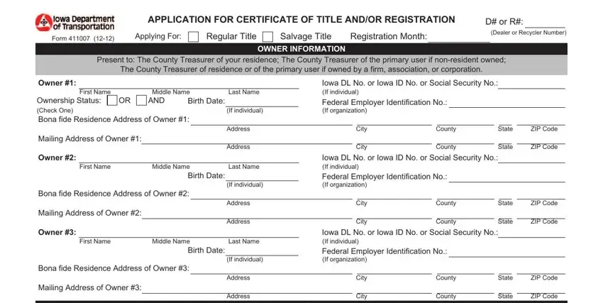 Stage no. 1 in filling in iowa application title registration
