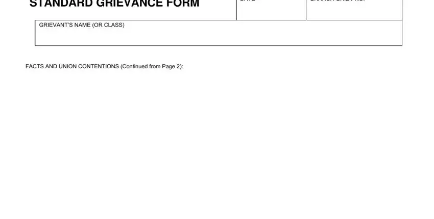 STANDARD GRIEVANCE FORM, GRIEVANTS NAME OR CLASS, and BRANCH GRIEV NO in local standard grievance