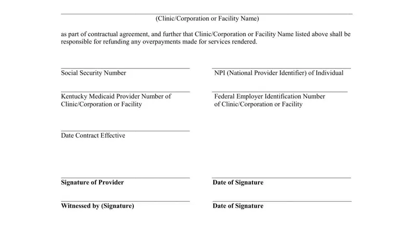 ClinicCorporation or Facility Name, Date of Signature, and Social Security Number in ky conceals specifies