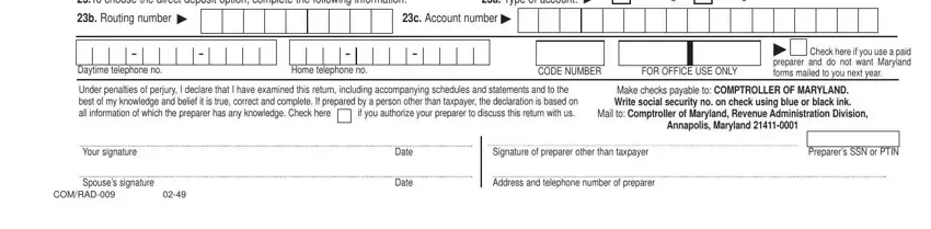 Make checks payable to COMPTROLLER, a Type of account, and Savings inside Maryland Form 503