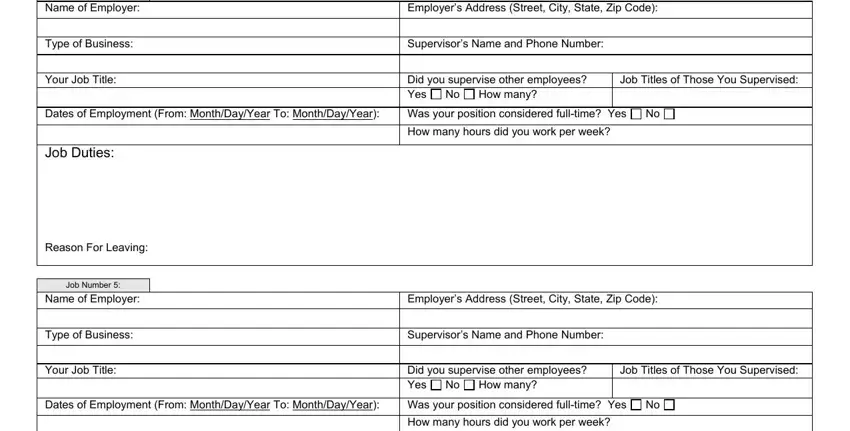 Dates of Employment From, Supervisors Name and Phone Number, and Type of Business of md 100 form