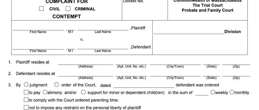 Completing part 1 of complaint for contempt form