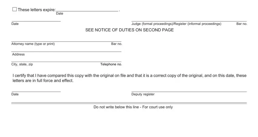 SEE NOTICE OF DUTIES ON SECOND PAGE, Attorney name type or print, and Address of letter of authority probate