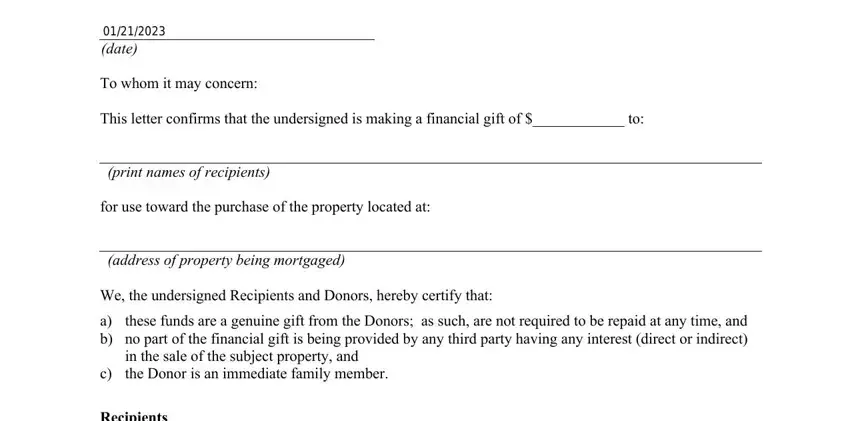 Filling out part 1 in mortgage gift letter template