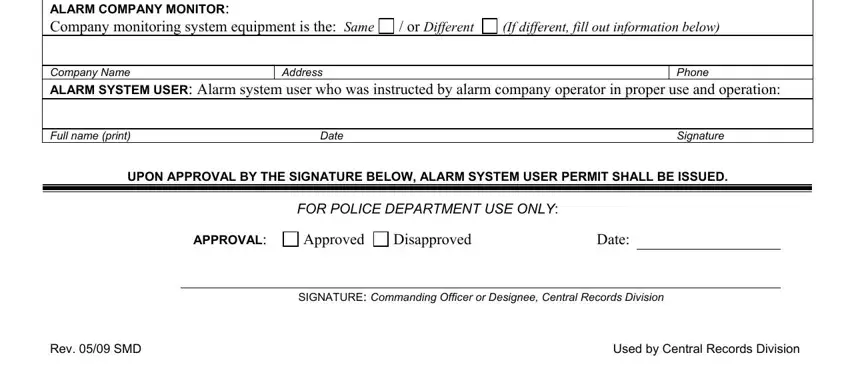 Signature, or Different, and Full name print ALARM COMPANY in Residential