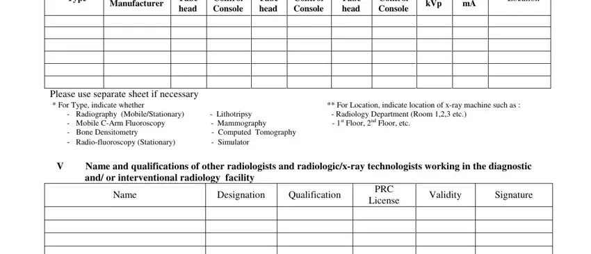 Please use separate sheet if, Tube head, and Radiography MobileStationary of fda x ray application form