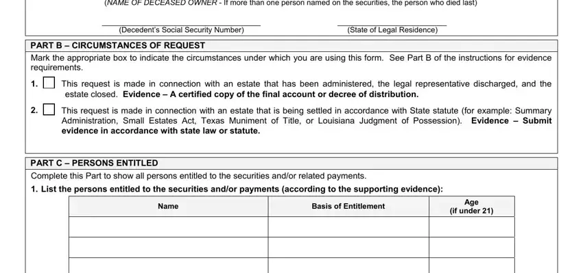 Basis of Entitlement, PART B  CIRCUMSTANCES OF REQUEST, and Name of fillable fs form 5394