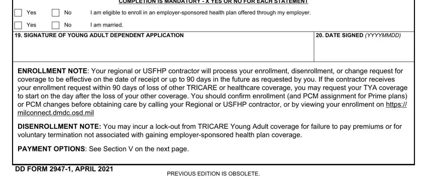 DD FORM  APRIL, PAYMENT OPTIONS See Section V on, and SIGNATURE OF YOUNG ADULT inside form dd 2947