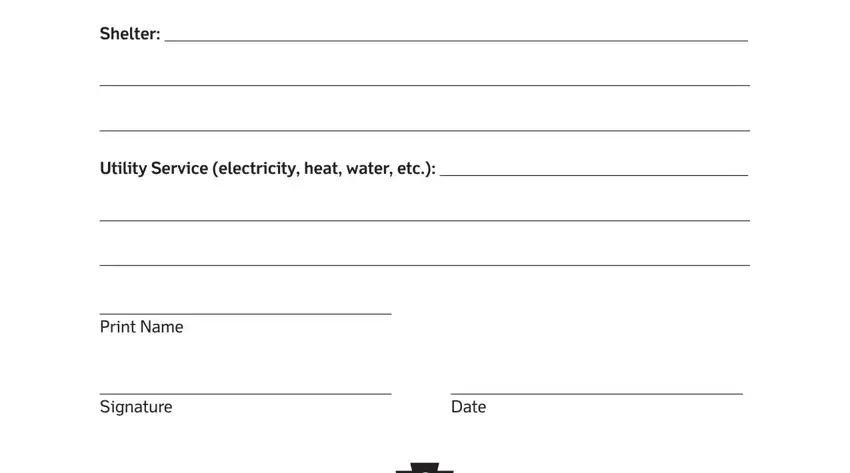 Utility service electricity heat, Print Name, and shelter in zero income form