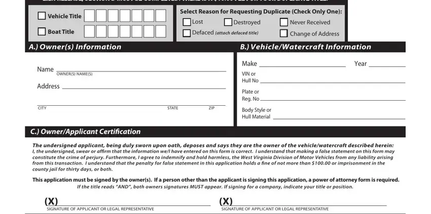 Completing section 1 of wv dmv duplicate title online