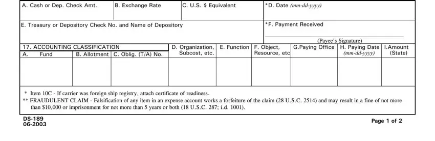 F Payment Received, E Treasury or Depository Check No, and Payees Signature in i ds 189 form