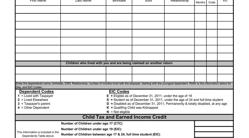 EIC Codes, Birthdate, and First Name of taxpayer questionnaire forms form