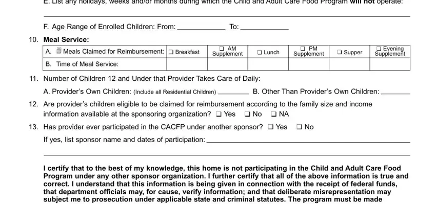 F Age Range of Enrolled Children, cid, and B Time of Meal Service of Dss Form 1606