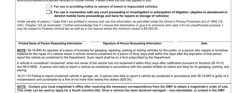 Filling out section 3 in south carolina abandoned vehicle form