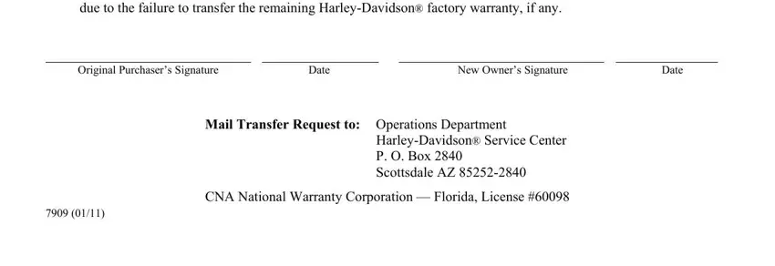 Date, Original Purchasers Signature, and New Owners Signature inside transfer harley warranty form
