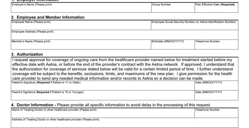 Step no. 1 of completing transition care aetna form