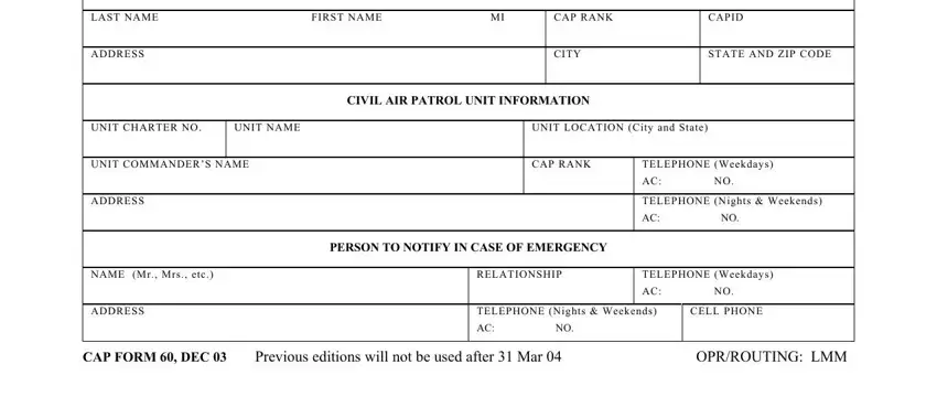 CELL PHONE, CIVIL AIR PATROL UNIT INFORMATION, and PERSON TO NOTIFY IN CASE OF of Illnesses