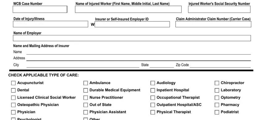 Acupuncturist, Name of Injured Worker First Name, and Date of InjuryIllness in hp 1 form