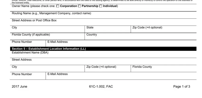 Florida County if applicable, Partnership, and EMail Address in dbpr hr application