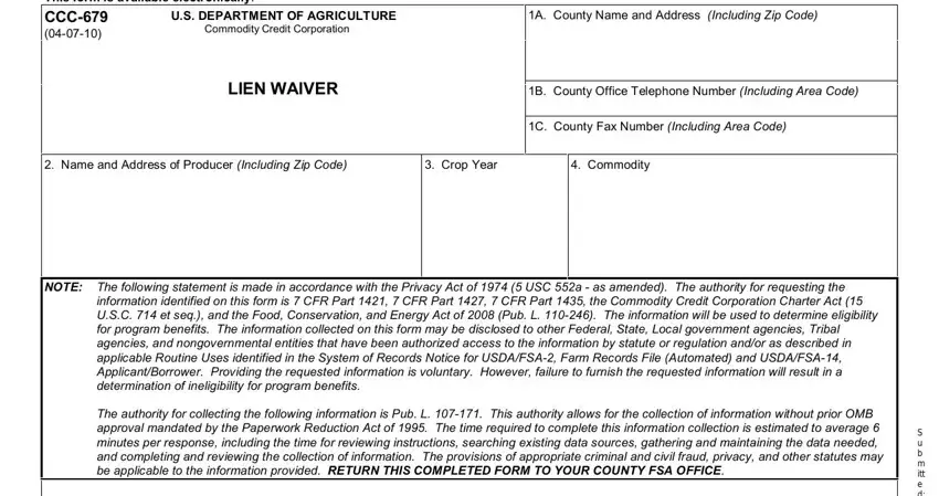 Filling out section 1 in ccc 679 lien waiver