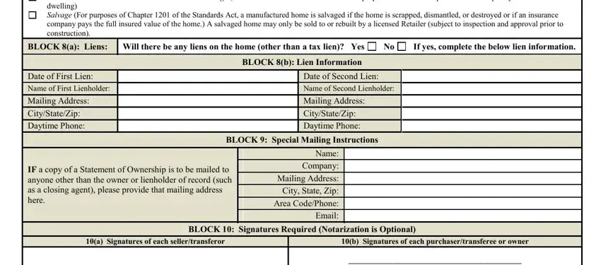 BLOCK b Lien Information, If yes complete the below lien, and BLOCK a Liens Will there be any of mhd form 10 23