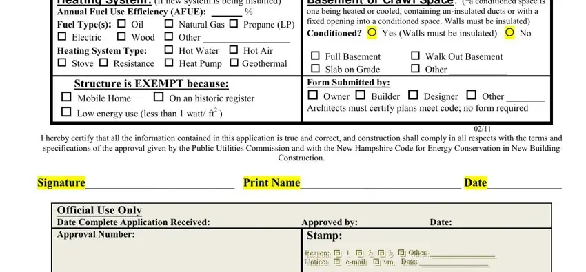 Heating System if new system is, Signature Print Name Date, and I hereby certify that all the in nh energy code
