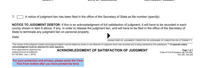The names of the judgment creditor, ACKNOWLEDGMENT OF SATISFACTION OF, and INSTRUMENT NUMBER in satisfaction judgment