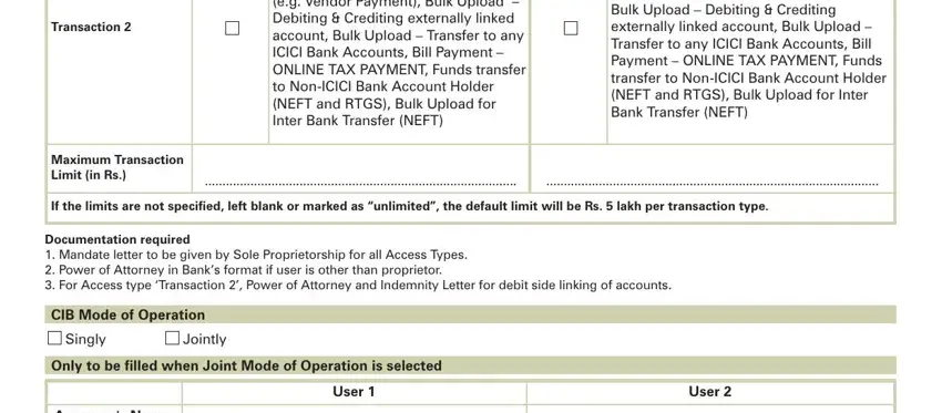Opening of FD Transfer  Own, Maximum Transaction Limit in Rs, and CIB Mode of Operation of icici rtgs form
