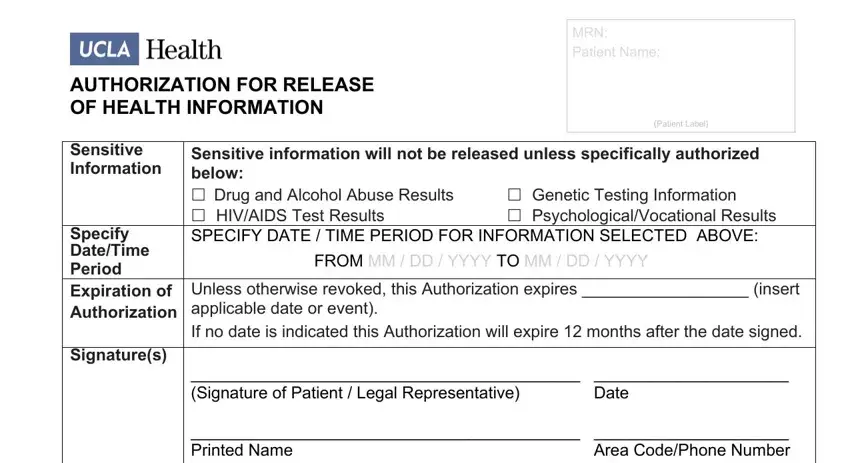FROM MM  DD  YYYY TO MM  DD  YYYY, MRN Patient Name, and Signature of Patient  Legal inside ucla release records