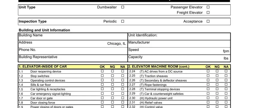 Writing section 1 of Elevator Inspection Checklist Form