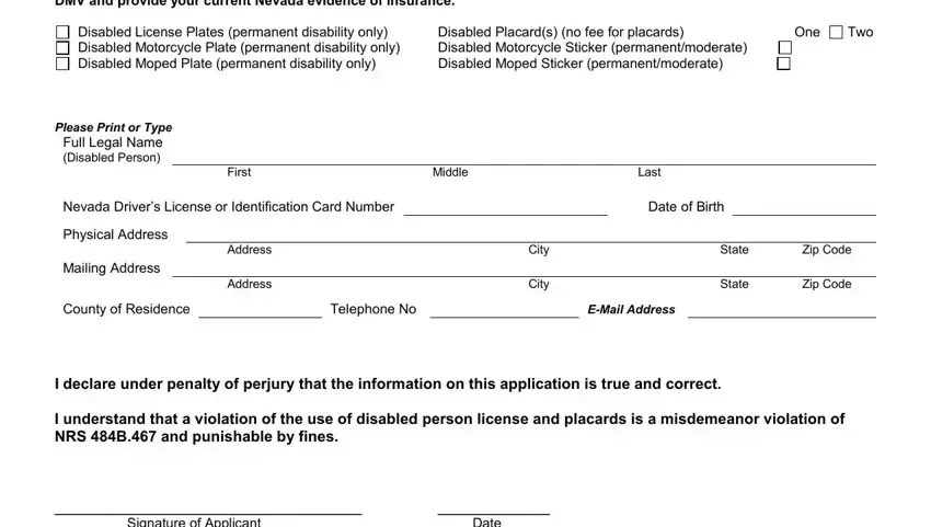 Part no. 1 of completing nevada handicap placard form