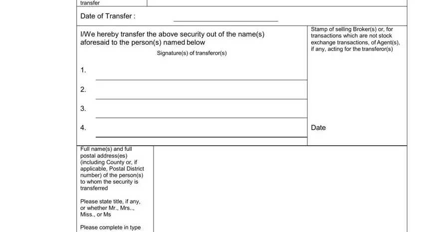 blank stock transfer form writing process shown (step 2)