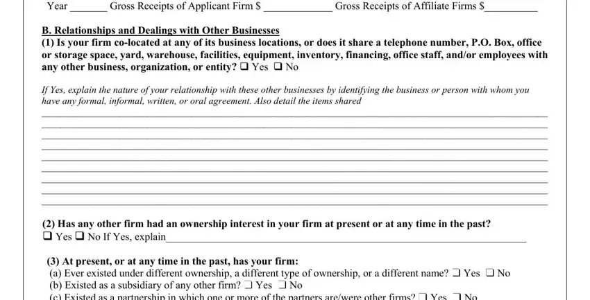 Gross Receipts of Applicant Firm, Yes, and No If Yes explain inside application dbe get