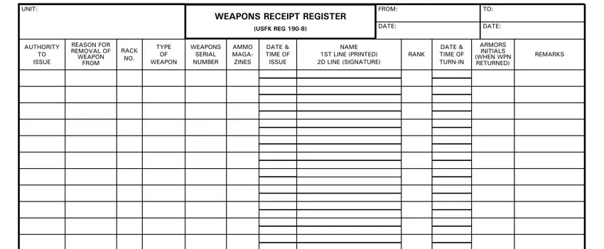 Step no. 1 of filling in form weapons receipt register