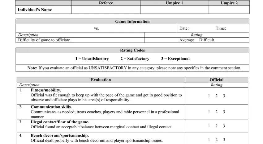 Stage no. 1 for filling in basketball evaluation form for referrees