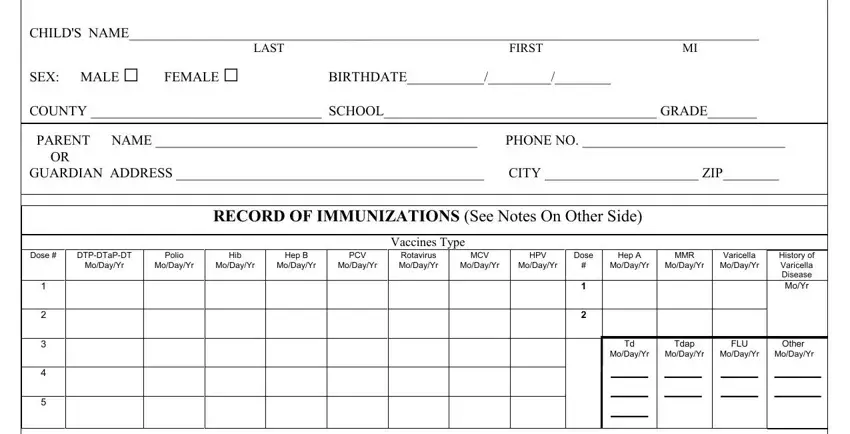 Stage # 1 in submitting records immunization form