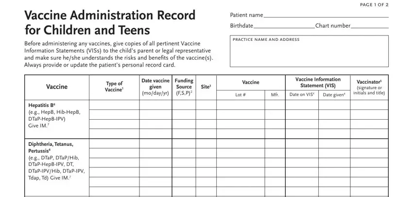 Filling in segment 1 of immunization record card
