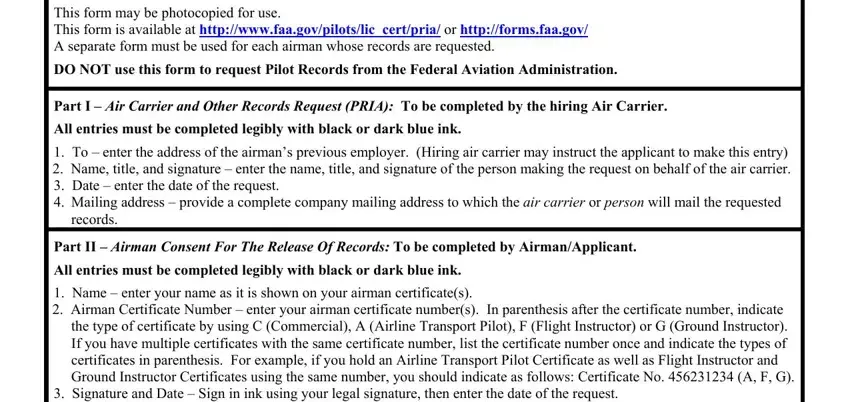 To  enter the address of the, records, and Part II  Airman Consent For The in Faa Form 8060 11