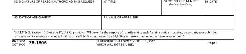 SIGNATURE OF PERSON AUTHORIZING, WARNING Section  of title  USC, and NAME OF APPRAISER inside va form 26 1805