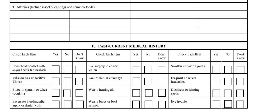 Check Each Item, Tuberculosis or positive TB test, and Check Each Item inside fd 1065 form