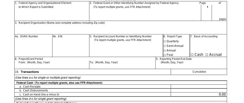 Filling out section 1 in Federal Financial Report Form 425