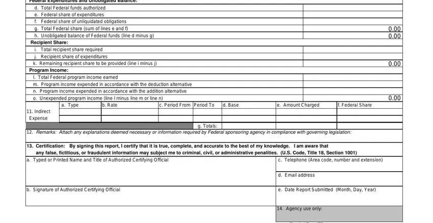 Certification By signing this, Indirect Expense, and a Type inside Federal Financial Report Form 425